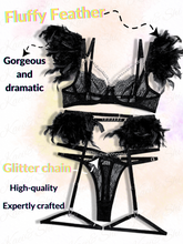 Load image into Gallery viewer, Kaei&amp;Shi Chain Feather Lingerie, Eyelash Floral Lace, Underwire, Thong, 4 Pieces
