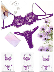 Kaei&Shi Eyelash Mesh Floral Lace Lingerie,Underwire Sheer Matching Two Piece Lingerie Set Boudoir