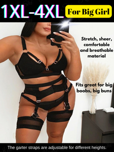 Kaei&Shi Plus Size Stretchy Mesh, Wide Strappy, High Waisted Garter Lingerie