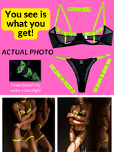 Load image into Gallery viewer, Kaei&amp;Shi Glow In The Dark, Black Light, Neon Leg Straps, 4PC Peekaboo Lingerie
