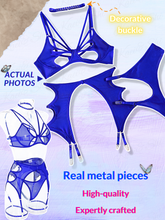 Load image into Gallery viewer, Kaei&amp;Shi Butterfly Cutout Lingerie, Choker, Underwire, Thong, Thigh Straps, 5Pcs
