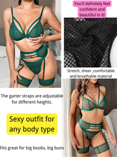 Load image into Gallery viewer, Kaei&amp;Shi 4 Piece,Strappy Triangle Bralette,Thong,Thigh Bands,Garter Lingerie Set
