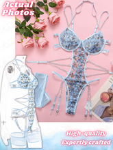 Load image into Gallery viewer, Kaei&amp;Shi Sheer Mesh Applique, Strappy Chains, 2PC Halter Bodysuit Lingerie
