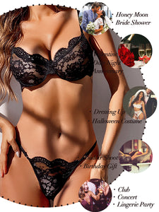 Kaei&Shi Sexy Bra and Panty Sets,Sheer Lace Two Piece Lingerie,Matching Floral Underwire Scalloped Lingerie Set