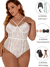 Load image into Gallery viewer, Kaei&amp;Shi Plus Size Lingerie for Women,Sheer Lace Sexy V Neck Bodysuit,Eyelash One Piece Floral Teddy
