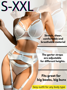 Kaei&Shi Garter Lingerie For Women,Sexy Lace Lingerie,Sheer Matching 4 Piece Lingerie Set