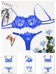 Kaei&Shi Eyelash Mesh Floral Lace Lingerie,Underwire Sheer Matching Two Piece Lingerie Set Boudoir