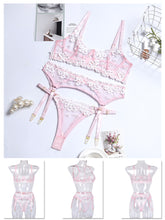 Load image into Gallery viewer, Kaei&amp;Shi Embroidered Applique Lace Lingerie,Underwire Mesh Sheer Honeymoon Matching 3 Piece Lingerie Set
