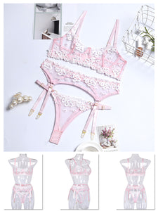 Kaei&Shi Embroidered Applique Lace Lingerie,Underwire Mesh Sheer Honeymoon Matching 3 Piece Lingerie Set