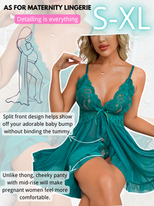 Kaei&Shi Maternity Long Dress, Wireless Lace Bra, Mid-Rise Panty, 2Pc Babydoll