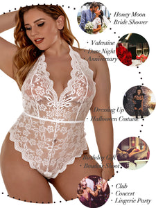 Kaei&Shi Plus Size Lingerie for Women,Sheer Lace Sexy High Cut Bodysuit,One Piece V Neck Halter Backless Teddy