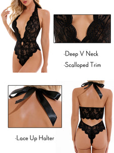 Kaei&Shi Deep V, Lace Up Bow, Scalloped Lace Trim, One Piece Body Suit