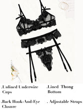 Load image into Gallery viewer, Kaei&amp;Shi Floral Embroidered,Underwire,Cutout Back,G-String,Garter Lingerie Set
