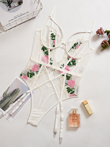 Kaei&Shi Embroidered Lingerie for Women,Thong Bodysuit,Underwire Teddy with Garter Straps