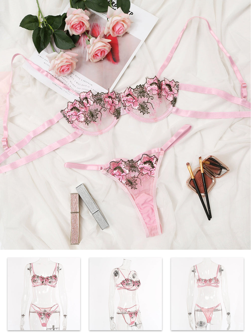 Kaei&Shi Floral Lace, Demi Cup, High Leg Thong, 2 Pieces Bra And Panty Set