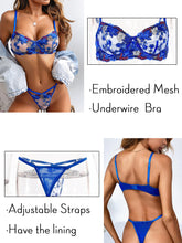 Load image into Gallery viewer, Kaei&amp;Shi Sheer Embroidered Floral Lace, Underwire, Thong, 2 Pieces Lingerie Set
