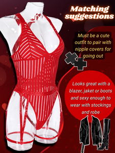 Kaei&Shi Sexy Ribbed Top,Plunge V, Snap Crotch, Leg Strap, Backless 3Pc Bodysuit