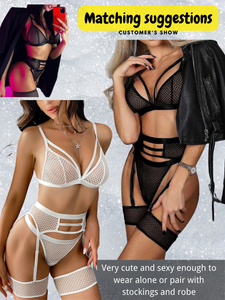 Kaei&Shi 4 Piece,Strappy Triangle Bralette,Thong,Thigh Bands,Garter Lingerie Set