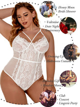 Load image into Gallery viewer, Kaei&amp;Shi Plus Size Lingerie for Women,Sheer Lace Sexy V Neck Bodysuit,Eyelash One Piece Floral Teddy
