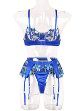 Load image into Gallery viewer, Kaei&amp;Shi Floral Embroidered Sheer,Underwire,High Waisted Belt,Thong,Garter Lingerie Set
