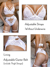 Load image into Gallery viewer, Kaei&amp;Shi Sheer Floral Lace, Double Straps, Thigh Garter, 3 Pieces Lingerie Set
