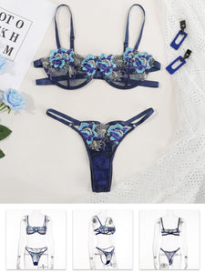 Kaei&Shi Floral Embroidered Lace, Demi Cup, Lining Thong, 2 Pieces Lingerie Set