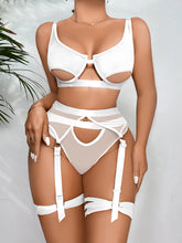 Load image into Gallery viewer, Kaei&amp;Shi Mesh Patchwork,Underwire Peekaboo,Garter Belt,Thong,Thigh Straps,4 Piece Lingerie
