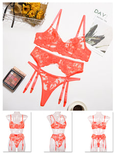 Kaei&Shi Garter Lingerie for Women,Embroidered Underwire Sexy Lingerie, High Waisted 3 Piece Lingerie Set