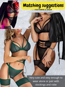 Kaei&Shi 4 Piece,Strappy Triangle Bralette,Thong,Thigh Bands,Garter Lingerie Set