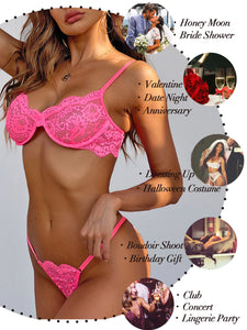 Kaei&Shi Sexy Bra and Panty Sets,Sheer Lace Two Piece Lingerie,Matching Floral Underwire Scalloped Lingerie Set