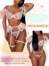 Load image into Gallery viewer, Kaei&amp;Shi Chain Feather Lingerie, Eyelash Floral Lace, Underwire, Thong, 4 Pieces
