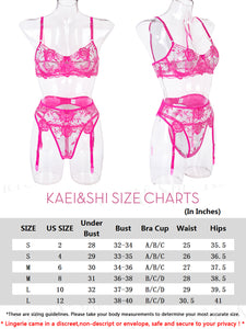 Kaei&Shi Floral Embroidered Mesh Sheer,Underwire Satin Bow,High Cut Thong,Belt Garter Lingerie