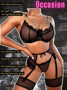 Kaei&Shi Fishnet Chain Lingerie, Strappy, Underwire, Thong, Thigh Cuff, 4 Pieces