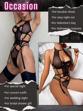 Load image into Gallery viewer, Kaei&amp;Shi Sheer Fishnet, Strappy Cutout, Backless, Underwire, Garter Lingerie Set
