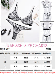 Kaei&Shi Ruffle Embroidered Mesh Lace Lingerie,Underwire Sheer Matching Two Piece Lingerie Set