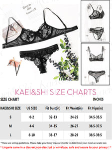 Kaei&Shi Scalloped Mesh Floral Lace Lingerie,Underwire Sheer Matching Two Piece Lingerie Set