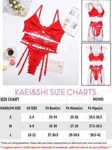 Kaei&Shi Scalloped Mesh Sheer Lace Lingerie,Front Closure Matching 3 Piece Lingerie Set