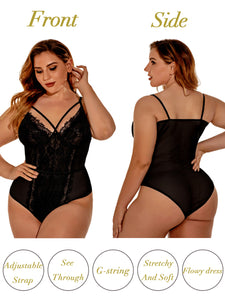 Kaei&Shi Plus Size Lingerie for Women,Sheer Lace Sexy V Neck Bodysuit,Eyelash One Piece Floral Teddy