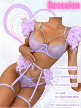 Load image into Gallery viewer, Kaei&amp;Shi Chain Feather Lingerie, Eyelash Floral Lace, Underwire, Thong, 4 Pieces
