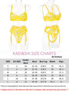 Kaei&Shi Floral Embroidered Mesh Sheer,Underwire Satin Bow,High Cut Thong,Belt Garter Lingerie