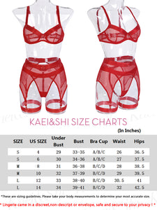 Kaei&Shi Fishnet Mesh Sheer,Underwire,G-String,Thigh Straps,4 Piece Garter Lingerie