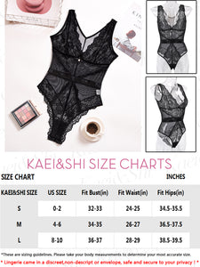 Kaei&Shi Scalloped Mesh Sheer Floral Lace Bodysuit,V Neck Snap Crotch One Piece Body Suit Clubbing Outfit