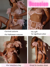 Load image into Gallery viewer, Kaei&amp;Shi Chain Feather Lingerie, Eyelash Floral Lace, Underwire, Thong, 4 Pieces
