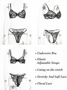 Kaei&Shi Sexy Bra and Panty Sets,Sheer Lace Two Piece Lingerie,Matching Floral Underwire Scalloped Lingerie Set