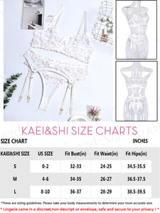 Kaei&Shi Embroidered Applique Lace Lingerie,Underwire Mesh Sheer Honeymoon Matching 3 Piece Lingerie Set