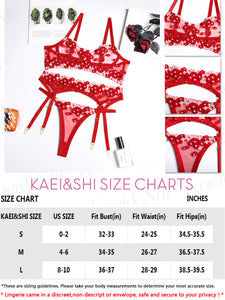 Kaei&Shi Embroidered Applique Lace Lingerie,Underwire Mesh Sheer Honeymoon Matching 3 Piece Lingerie Set