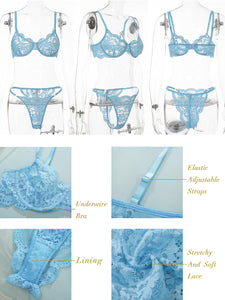 Kaei&Shi Sexy Bra and Panty Sets,Sheer Lace Two Piece Lingerie,Matching Floral Underwire Scalloped Lingerie Set