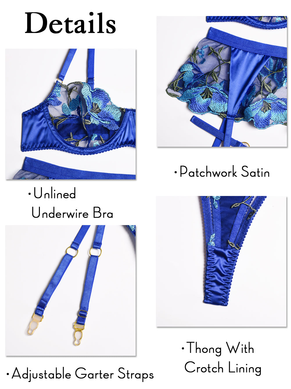  Kaei&Shi Garter Belt Lingerie for Women,Underwire Floral  Embroidered Sheer Lace Lingerie,Matching Thong 4 Piece Sexy Lingerie Set  Petite Boudoir Blue X-Small: Clothing, Shoes & Jewelry