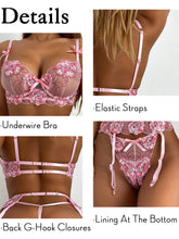 Load image into Gallery viewer, Kaei&amp;Shi Floral Embroidered,Underwire,Cutout Back,G-String,Garter Lingerie Set
