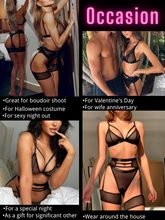 Load image into Gallery viewer, Kaei&amp;Shi 4 Piece,Strappy Triangle Bralette,Thong,Thigh Bands,Garter Lingerie Set
